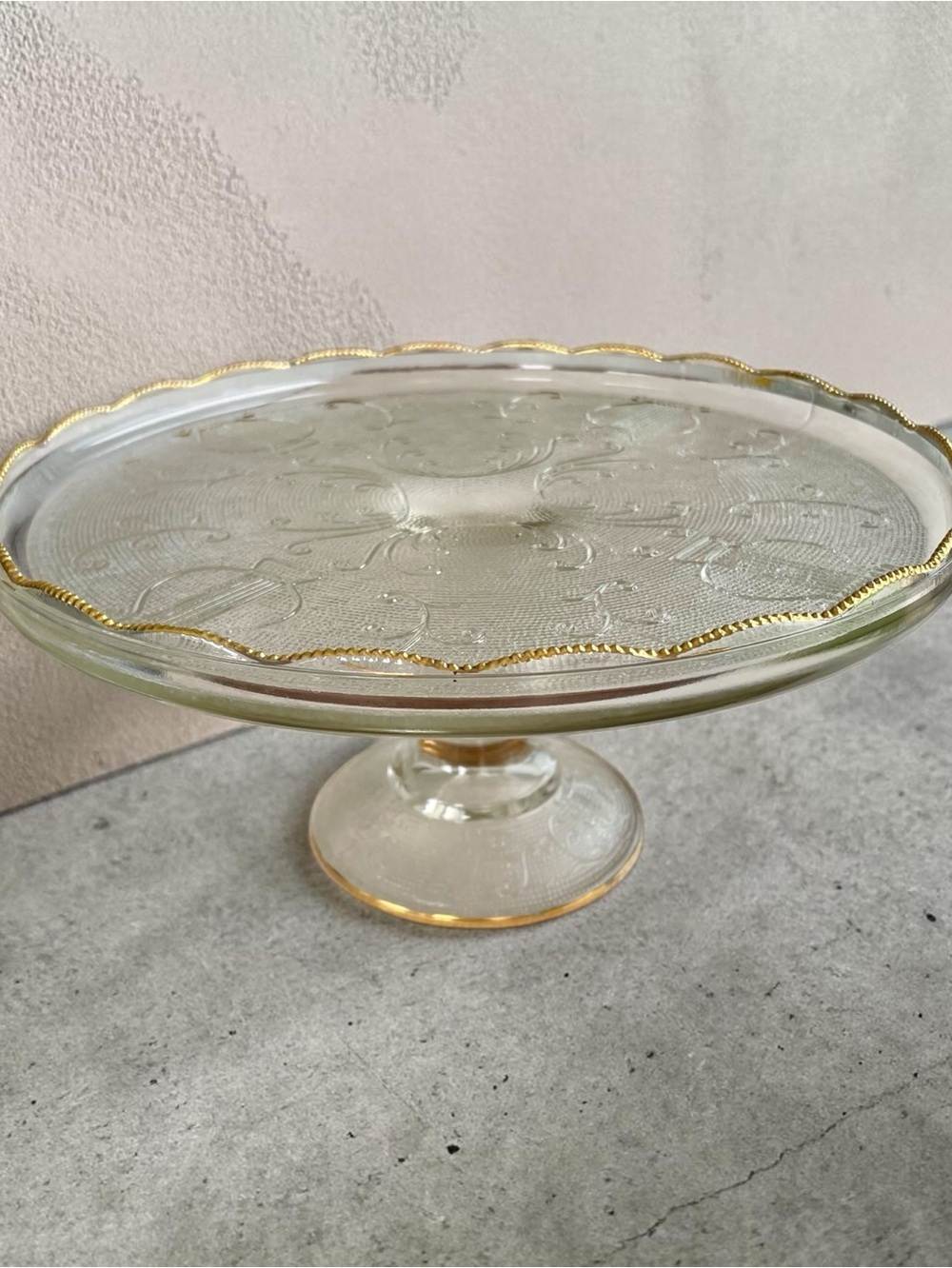 Jeannette Glass pedestal cake plate, harp pattern, 1950’s, pressed glass